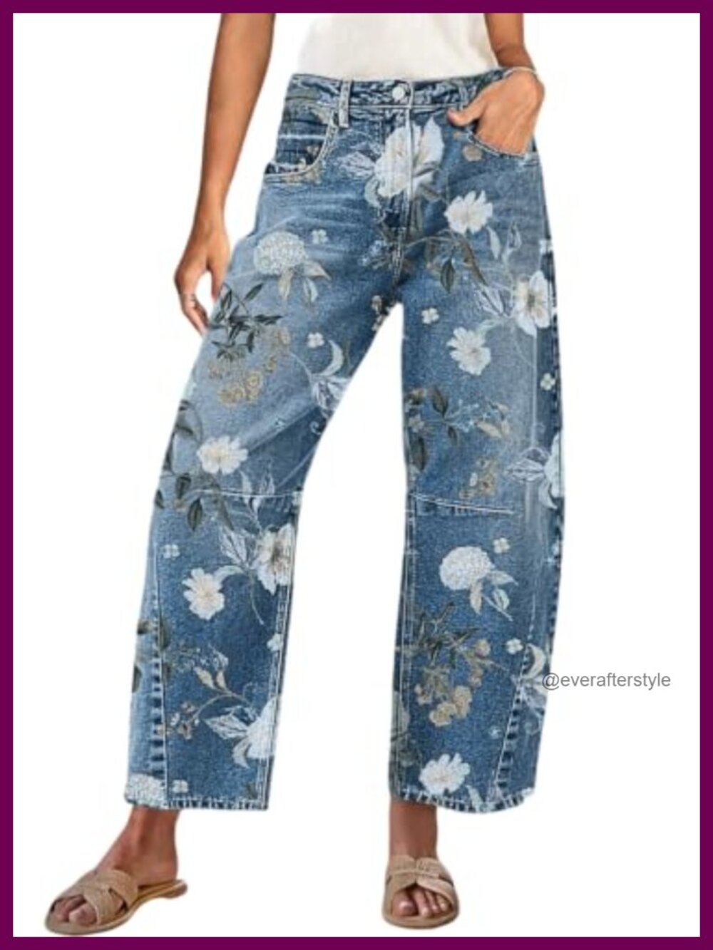 Women's Floral Print Baggy Wide Leg Barrel Jeans
